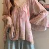 Sommer Chiffonbluse mit 3D-Druck und V-Ausschnitt für Damen