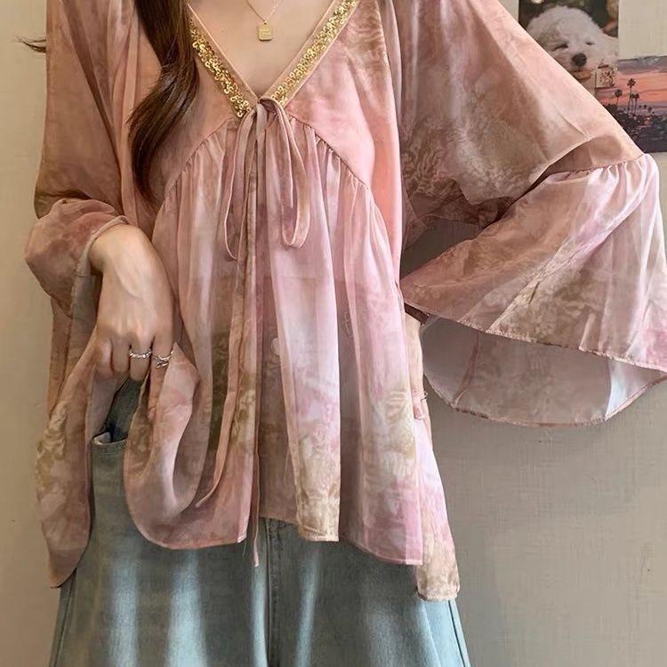 Sommer Chiffonbluse mit 3D-Druck und V-Ausschnitt für Damen