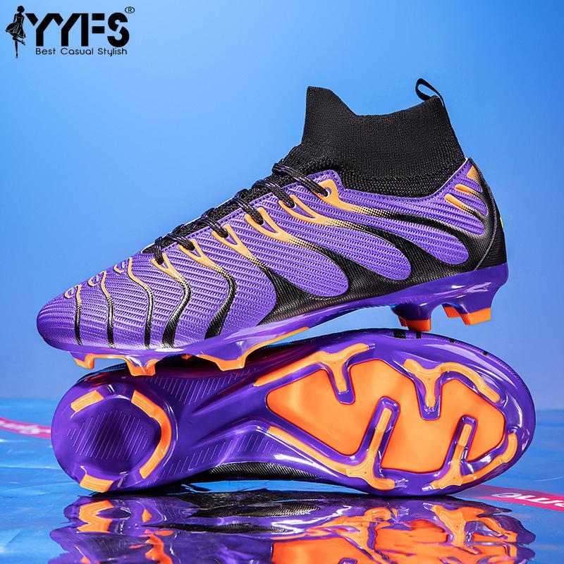 Męskie Duże Rozmiary Korki Piłkarskie typu High Top Długie Kolce Skórzane Buty Piłkarskie dla Chłopców Antypoślizgowe Buty Piłkarskie z Kolcami