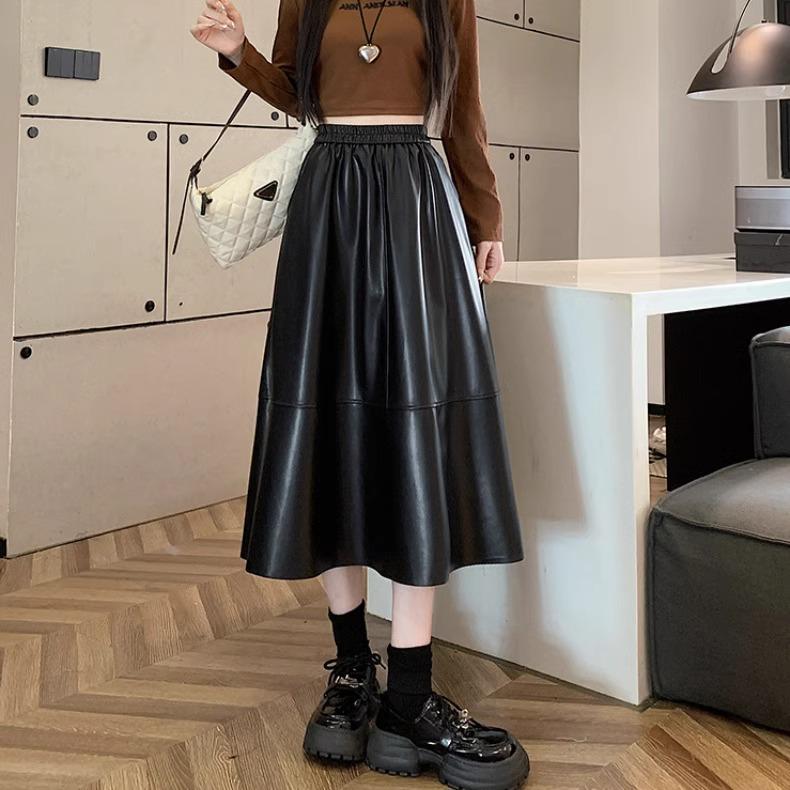 

Women s High Waist Black PU Leather Midi A-Line Skirt - Autumn/Winter Elastic Waist Slimming Flared Skirt 3XL кавовий
