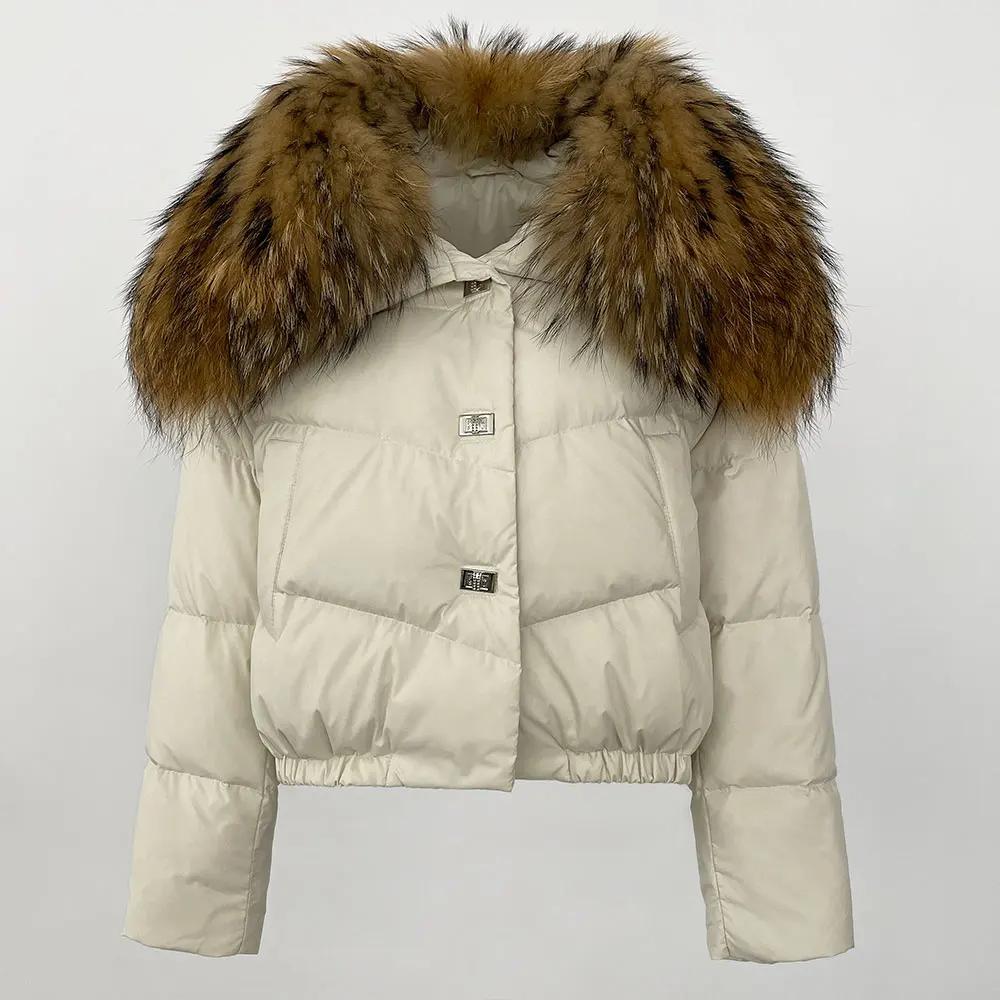 

OFTBUY Зимняя куртка женская большая с воротником из натурального меха енота, натуральное толстое теплое пуховое пальто, короткая верхняя одежда, уличная одежда, свободная повседневная одежда S