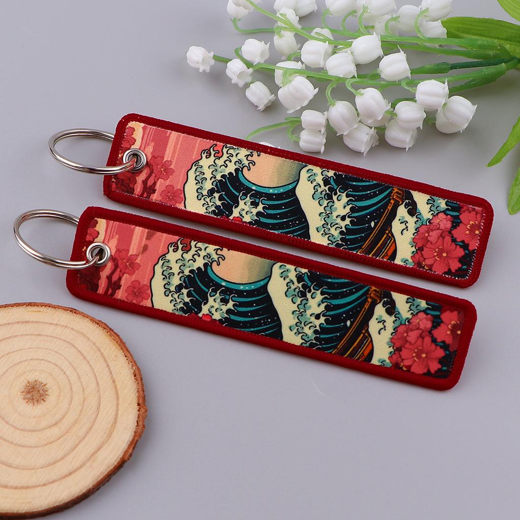 Embroidery Key Fobs Japanese Waves Key Tags Keychain For Motorcycles Cars Key Ring Accessories Jewelry Chaveiro Gifts