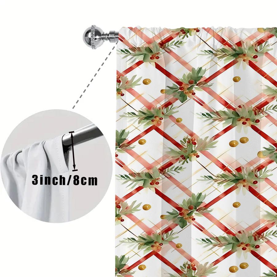 2pcs Watercolor Christmas Plaid Curtains  Holly Berry Design  for Holiday Window Decor Home   Accent Rod Pocket.