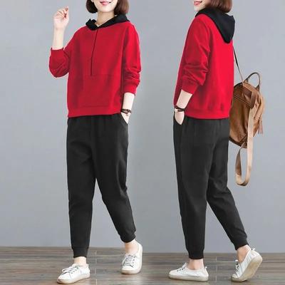 Loose-fit Casual Sportswear Set Women's Spring  Hooded Sweatshirt Running Pants Two-piece Suit