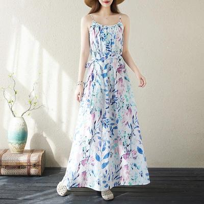 Sleeveless Strap Plus Size Cotton Vintage Floral New In Dresses For Women Casual Loose Long Summer Dress