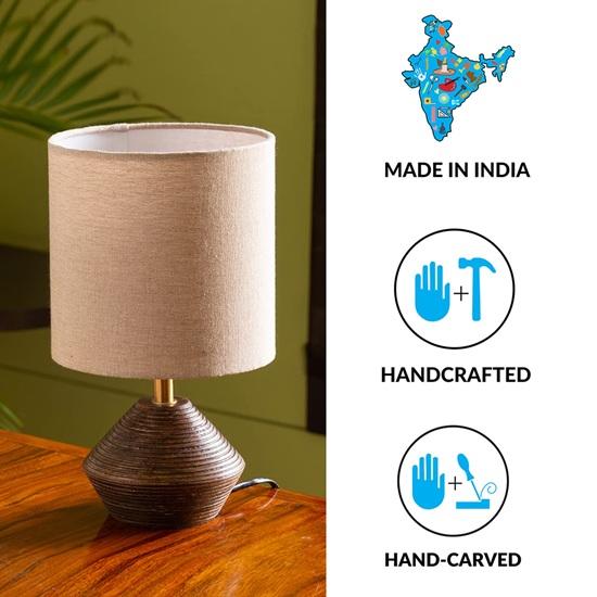 53.3 Cm Pot-Belly Hand Carved Bedside Lamp Side Table Lamp for Living Room Bedroom In Mango Wood Lamp Without Bulb, Led