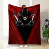 Stylized Masked Figure with Crossed Daggers, Against a Red Rose Background. for All Seasons Blanket Lunch Break Throw Gift