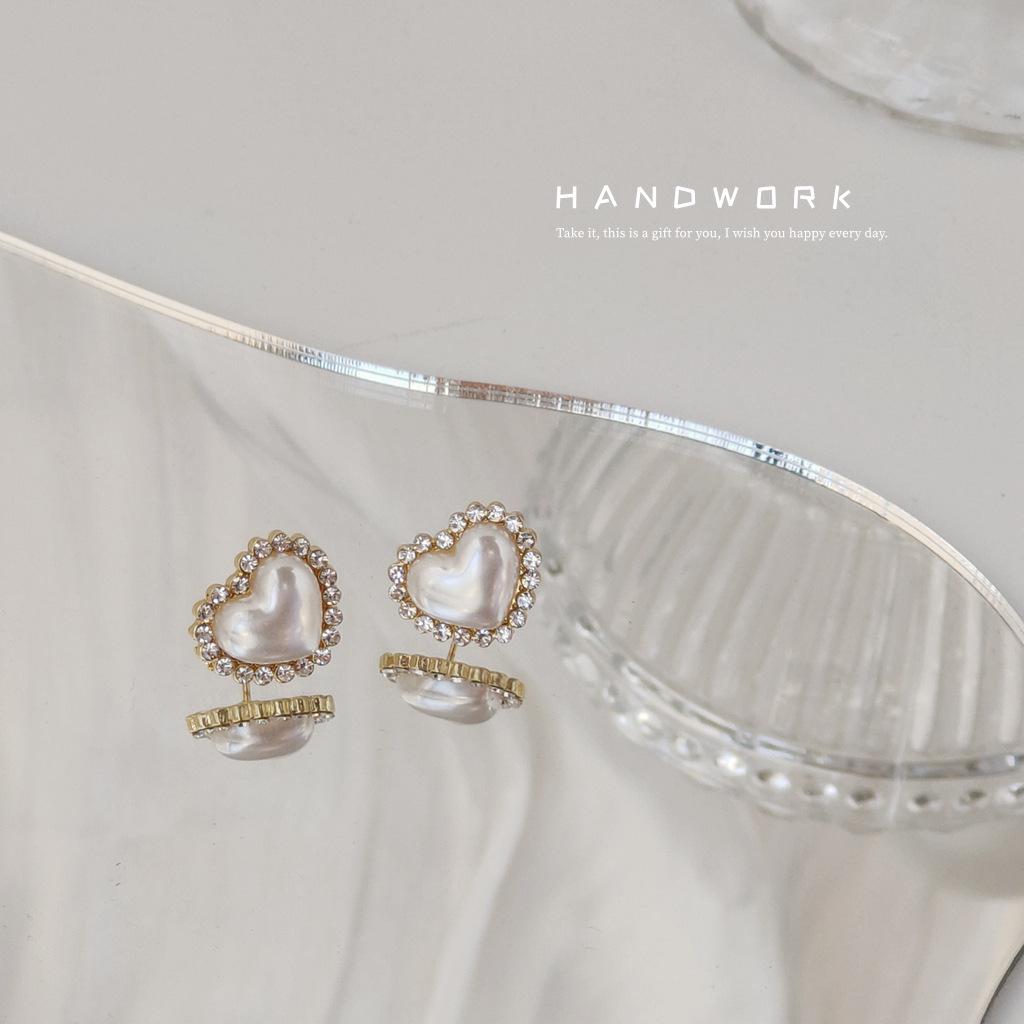 14K Gold & Silver Heart-Shaped Diamond Stud Earrings - Korean Style