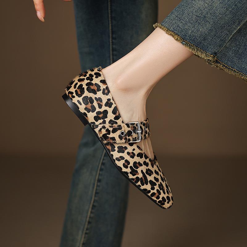 Fashion 2025 New Spring Women Flats Square Toe Low Heel Shoes Horsehair Women Shoes Concise Leopard Mary Janes Cow Leopard Print Shoes