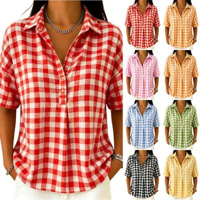 Women Casual Plaid Short Sleeve Shirt Half Button Down Collar Relaxed Fit Lightweight Blouse for Everyday Wear