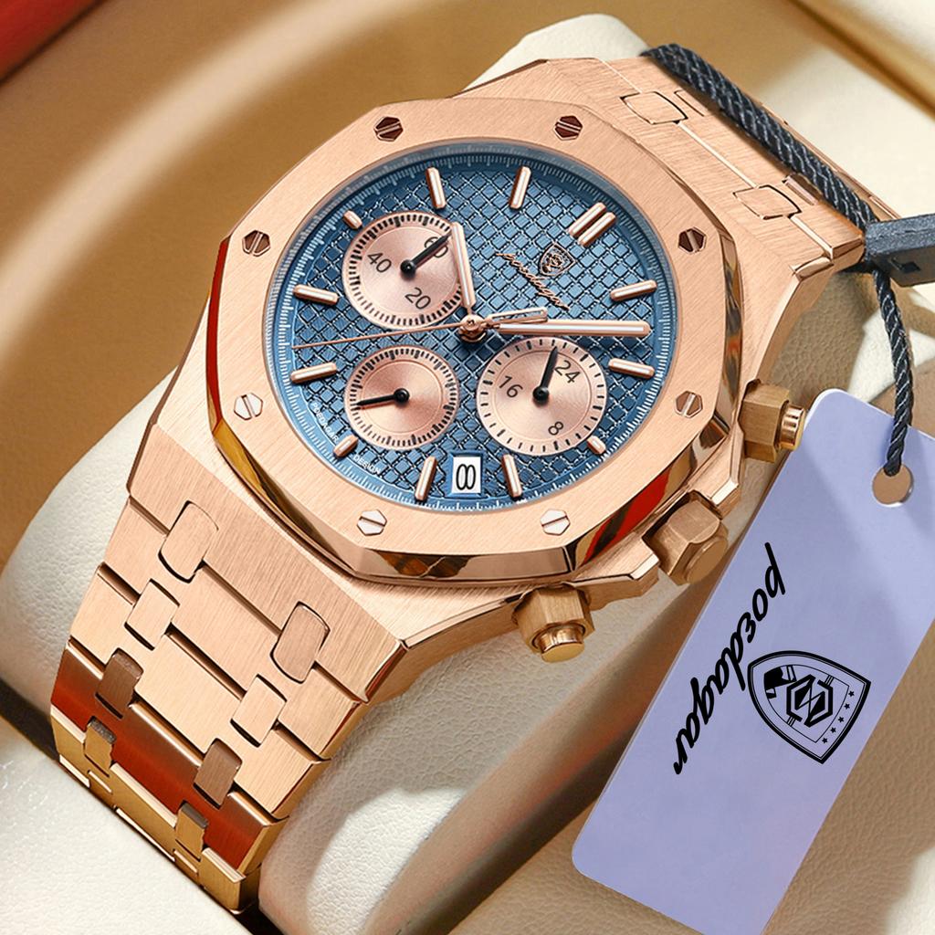POEDAGAR Luxury Men's Watches Stainless Steel Date Chronograph Male Watch Waterproof Luminous Military Quartz Wristwatch
