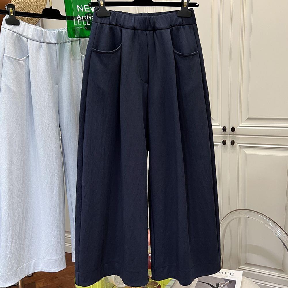 

Women s Plus Size High Waist Slimming Casual Wide-Leg Pants, Nine-Point Length, 300 Jin, Lazy Style 3XL: for 200-245 jins темно-синий