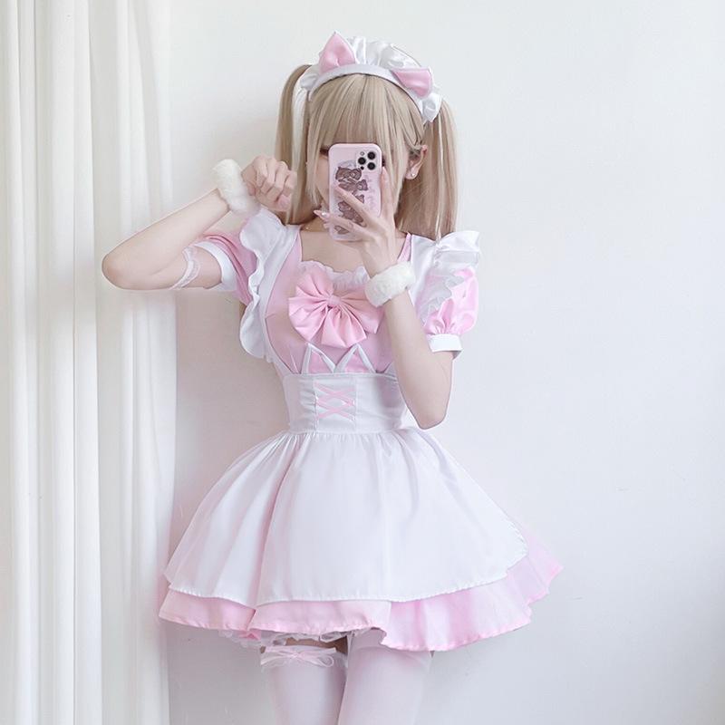 Soft Girl Lolita Rosa Anime-Stil Dienstmädchenkleid, süßes Mädchen Cosplay Outfit Cosplay Kleidung