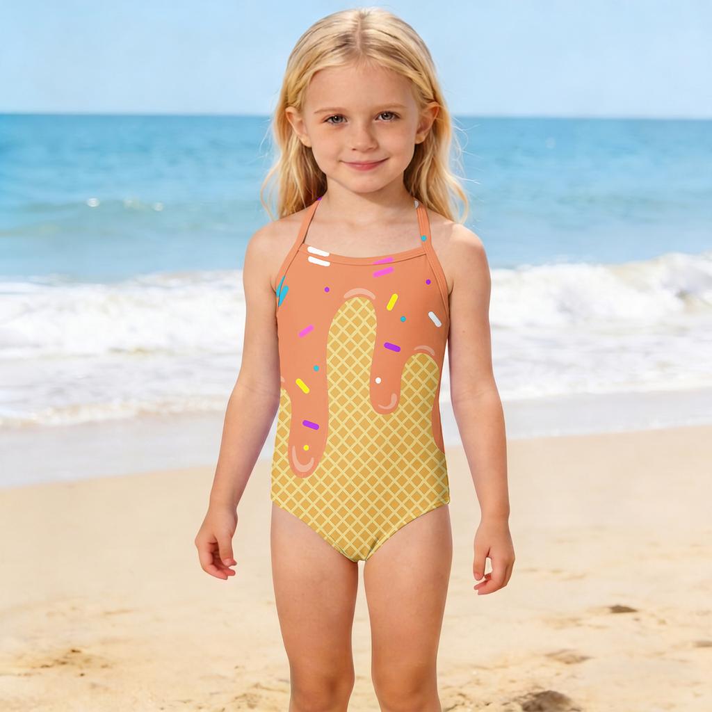 Girls One Piece Swimsuit Kids Summer Swimwear Children Beachwear Toddler Bathing Suit with Ice Cream Cone Print for Outdoor Water Activities