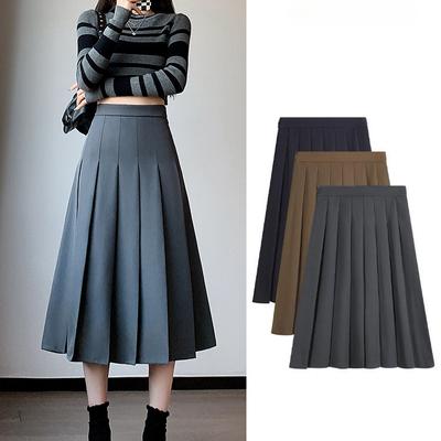 Autumn Winter Solid Color Korean Pleated Skirts Women's High Waist Mid Length A-line Skirt Preppy Style