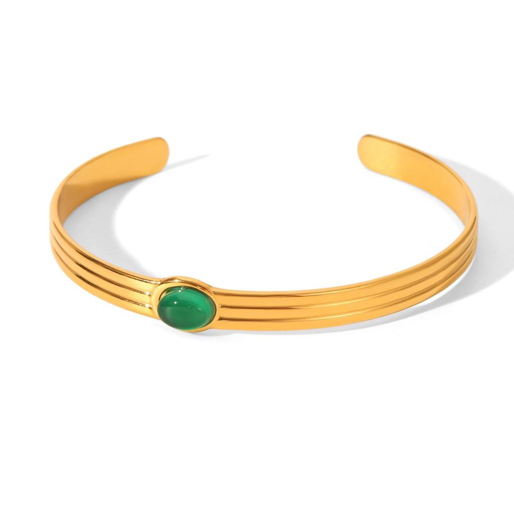 French Retro Malachite Stainless Steel Open Bangle - Non-fading Titanium Steel Women's Bracelet