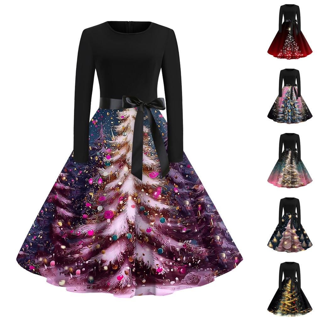 Women's Fashionable And Elegant Autmn And Winter Long-sleeved Christmas Tree Print Dress
