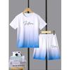 2-Piece Set of Boys' Blue and White Gradient Round  with Letter Print Pattern Comfortable Breathable Shorts Suitable