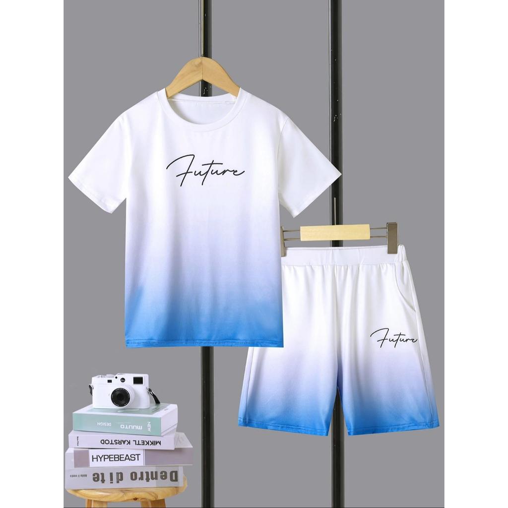 2-Piece Set of Boys' Blue and White Gradient Round  with Letter Print Pattern Comfortable Breathable Shorts Suitable