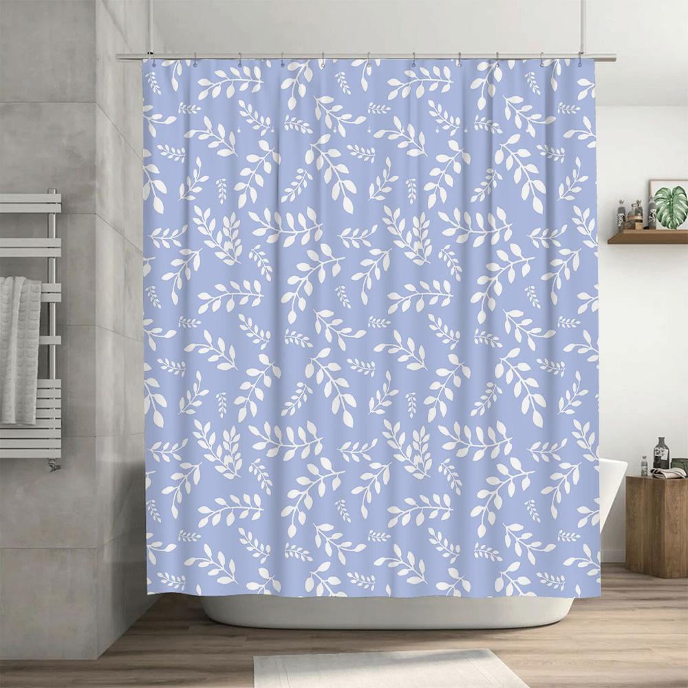 Leaf Pattern Shower Curtain: White and Light Blue Waterdrop Design for Bathrooms Decor Washable Fabric Bathroom Accessories