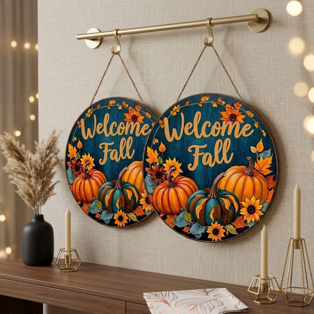 Rustic Welcome Fall Round Wooden Sign Vintage Style Autumn Harvest Wall Decor Thanksgiving