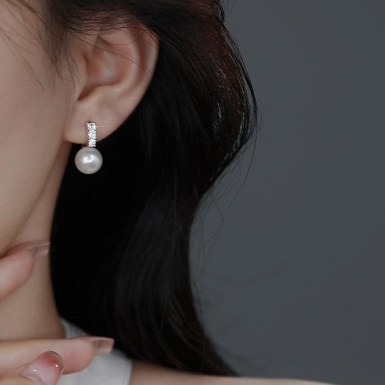 925 Sterling Silver Pearl Earrings with Zircon Studs - Elegant Women's Luxury French Socialite Earrings & Ear Cuffs