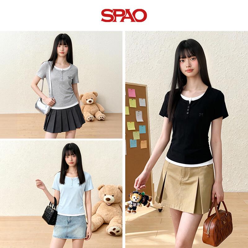 SPAO Women's Contrast Faux Two-Piece Short Sleeve T-Shirt