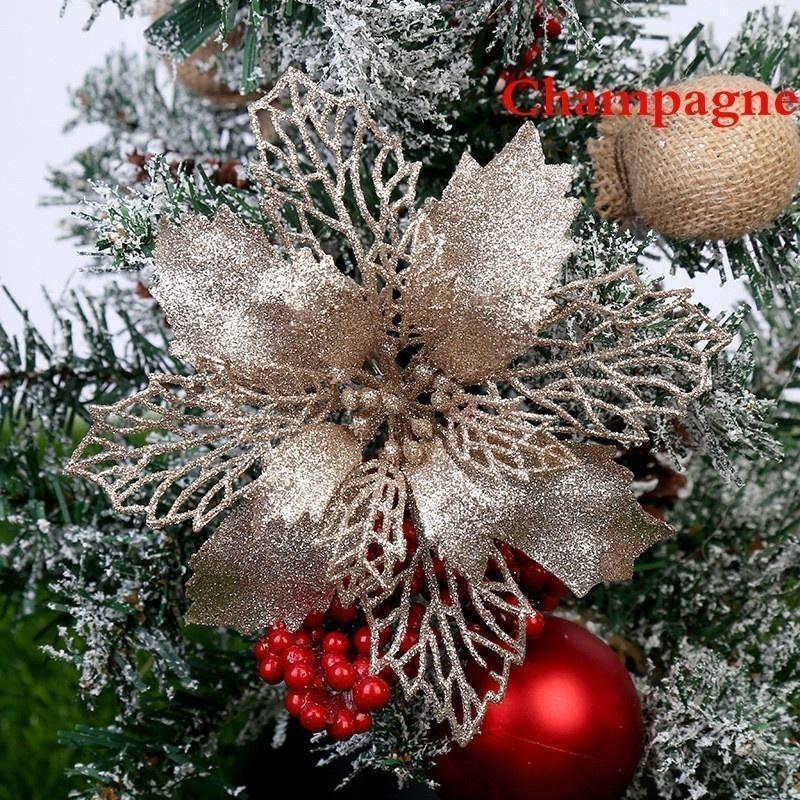 5pcs Christmas Flowers Glitter Fake Flowers Merry Christmas Tree Decorations For Home Gift Xmas Ornament Home Decor Supplies
