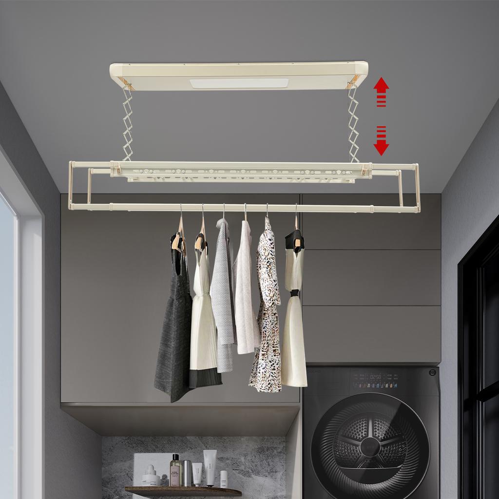 Retractable Electric Clothes Drying Rack with LED Light & Remote, 8-Rod Ceiling Mounted Laundry Airing Rack, 35kg/77lbs Capacity