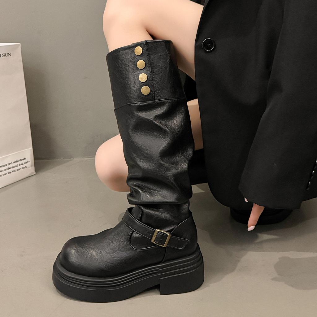 New Style Vintage Women Knight Knee High Boots Elegant Belt Buckle Shoes Concise Platform Heel Long Boots Zapatos De Mujer