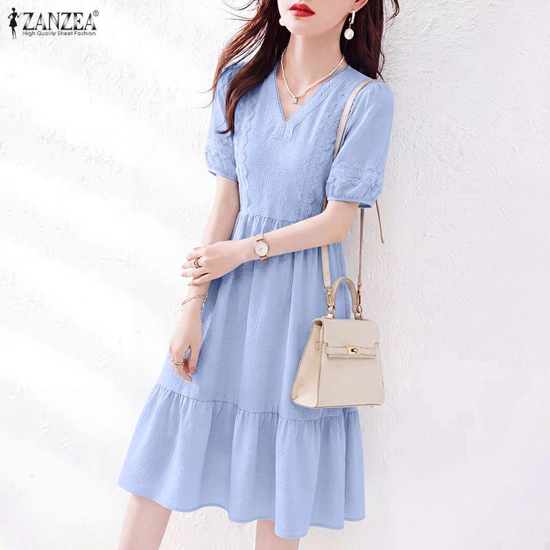 ZANZEA Women Lace Splice Casual V-Neck Short Sleeve Elegant Dress M синий