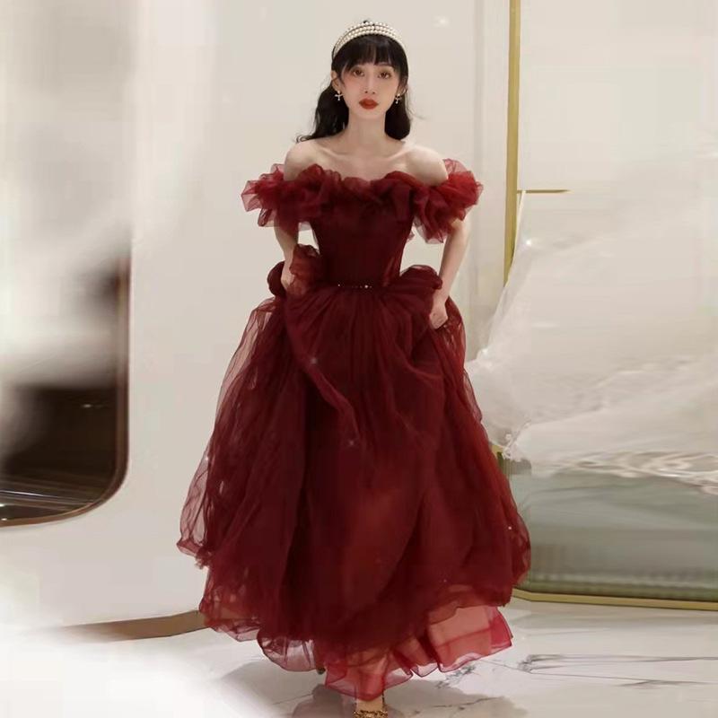 Design Toast Bride 1011 New Summer Red Evening Dress One-word Shoulder Light Luxury Large Size Fat Mm