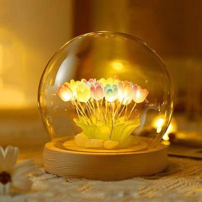 Tulip LED Night Light – Decorative Glass Table Lamp with 10 Artificial Flowers, Soft Glow for Bedroom, Living Room, Birthday & Gifts (Multi-Color)