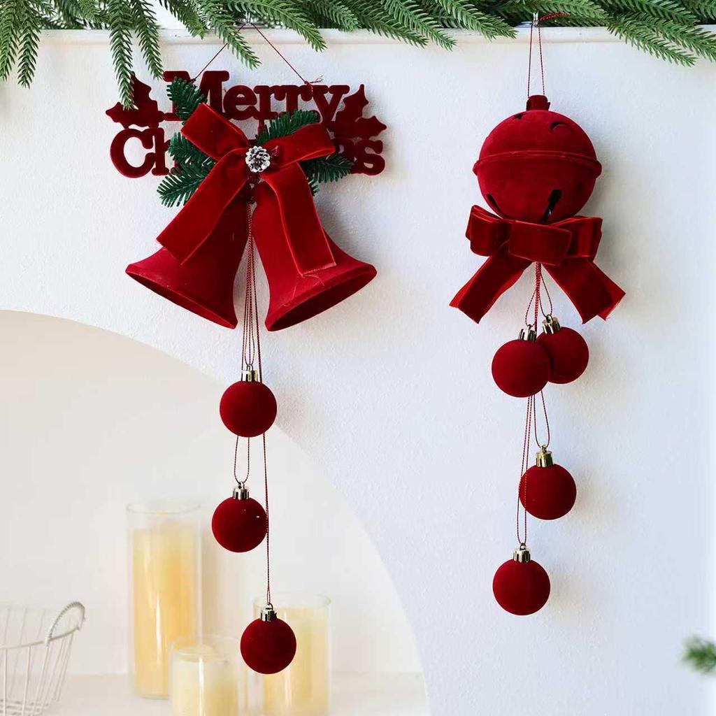 Popular Nordic Red Flocking Christmas Bell Ornaments for Tree and Shop Window Decoration