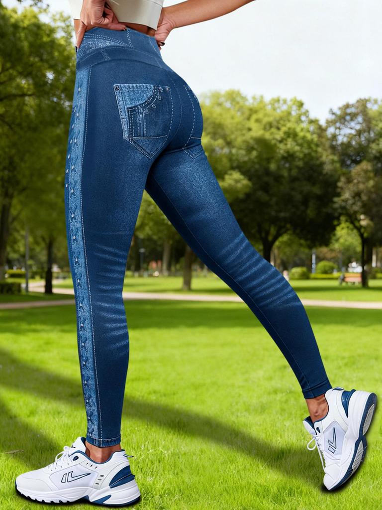 High-Waisted Faux Denim Butt-Lifting Yoga Pants - Women's Slimming Fitness Leggings, New European and American Style.
