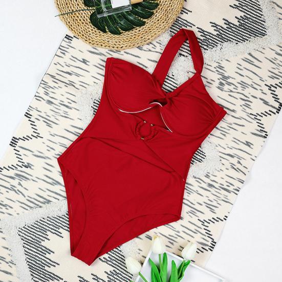 Women One-Piece Swimsuit One Shoulder Padded Steel Support Metal Buckles Monokini Sexy S-Shaped Figure