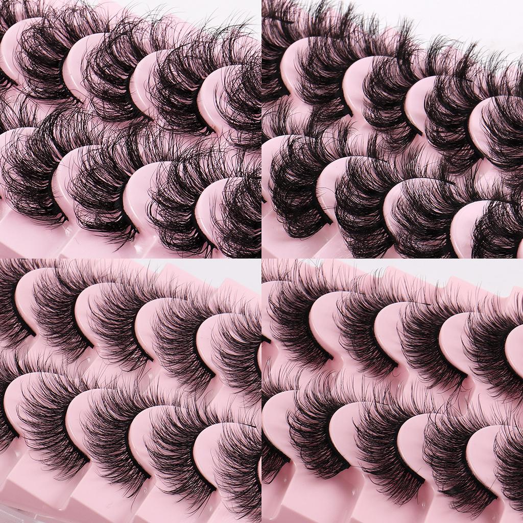 10 paires de faux cils à tiges rigides, imitation poil de vison naturel, style ébouriffé, désordonné, recourbé et épais