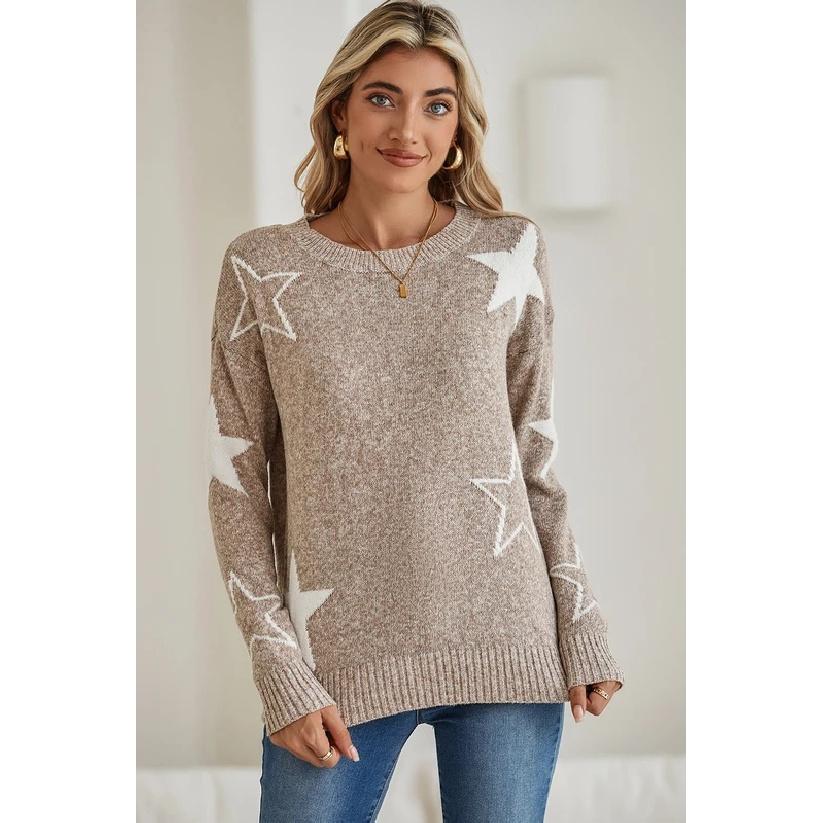 Pulover tricotat pentru femei, bej, cu imprimeu steluțe, gât rotund, croială largă, casual, cu mânecă lungă