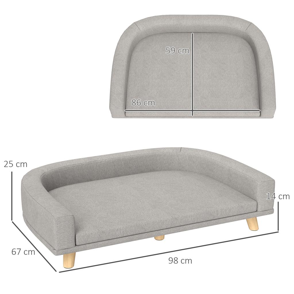 Dog Sofa for Large Dogs Up To 30 Kg, Padded, Pine Wood Legs, 98 X 67 X 25 Cm, Gray
