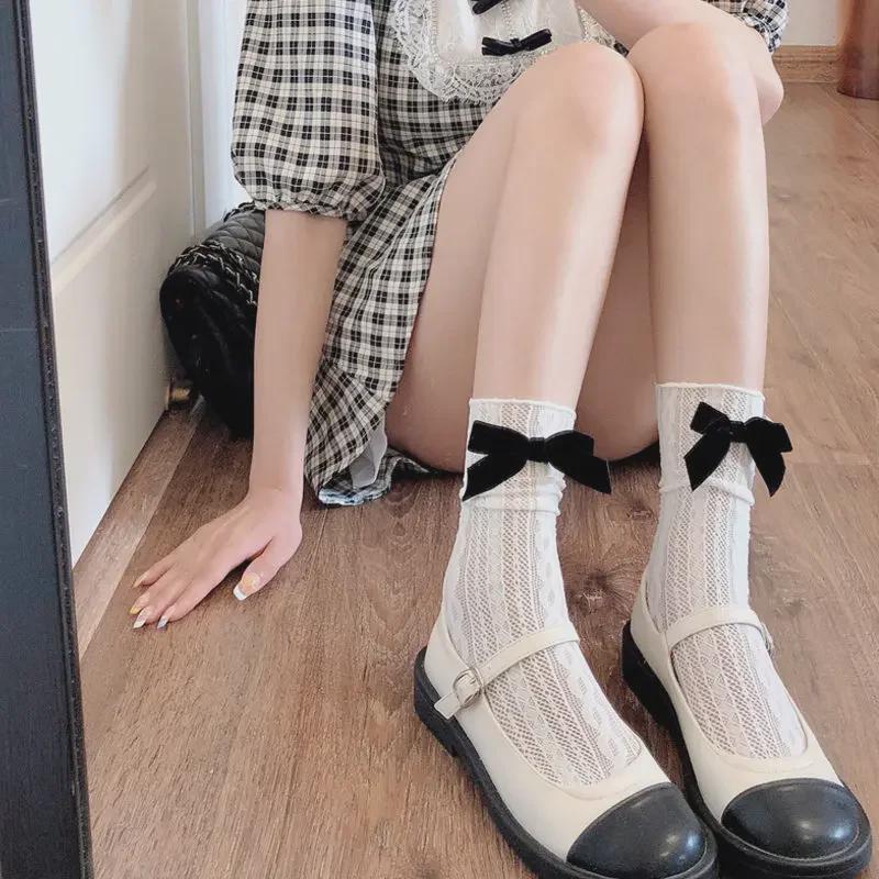 Damen Sommer Spitzen Schleife Netz Socken - Vertikales Muster, Netzmuster, Kurze Wadenlänge