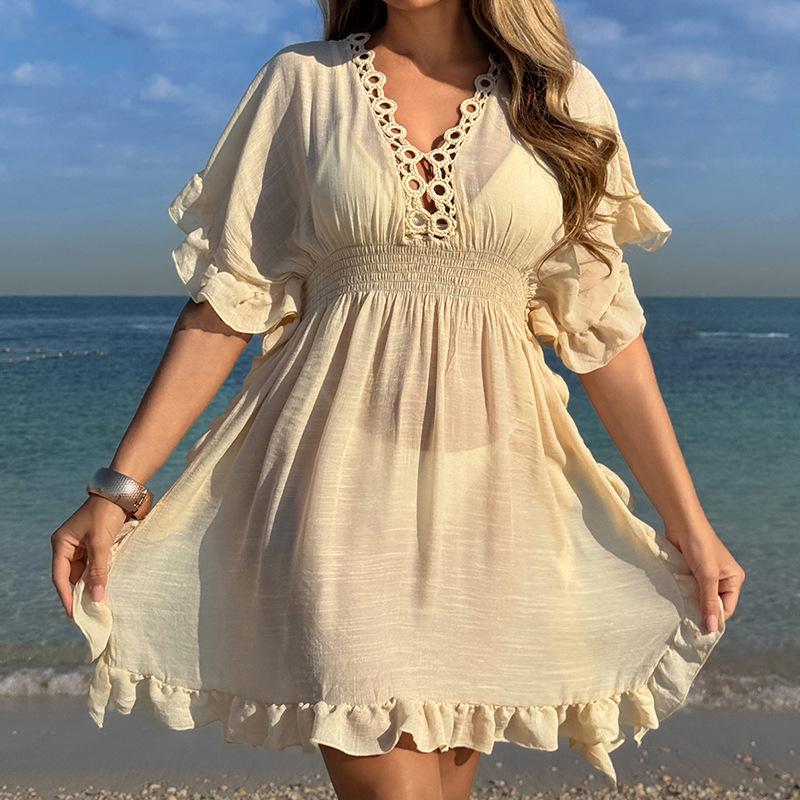 

Вязаный крючком цветочный воротник, приталенное, подол лотос, защита от солнца, пляжное платье One Size абрикосовый