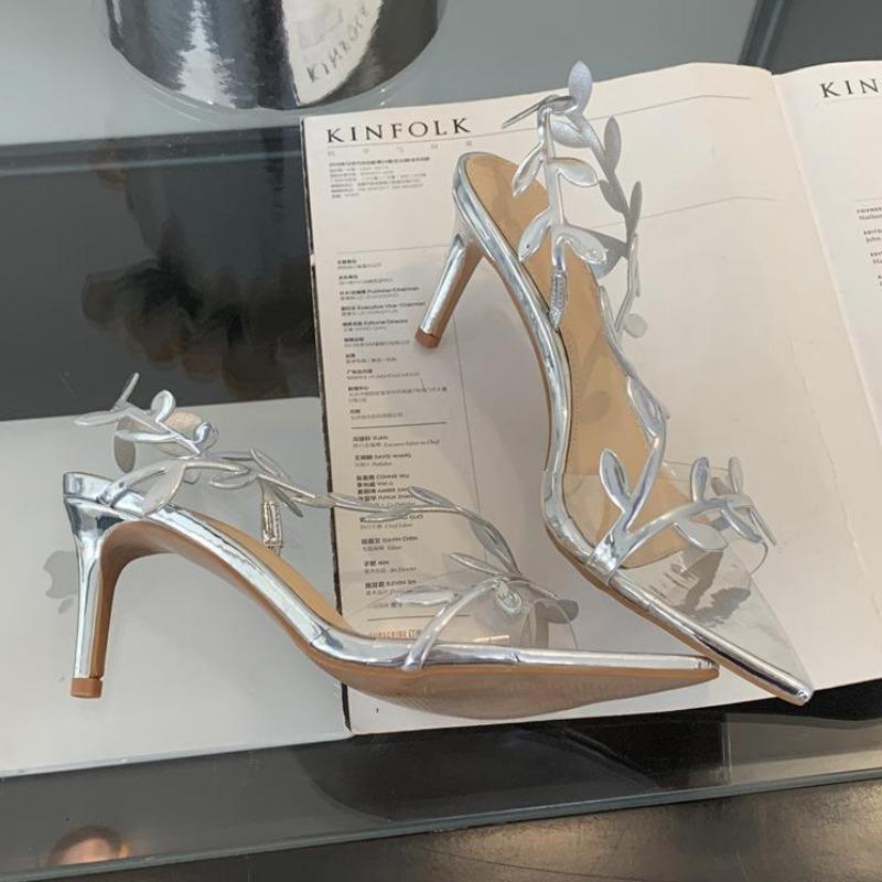 Fashion 2025 Summer Ladies High Heels Fashion Pointed Leaf Gold Silver High Heel Sandals Women Party Wedding Shoes Sandalias De Mujer