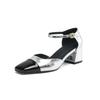 Fashion Women's new spring/summer color blocked leather square toe high-heeled high-heeled oversized elastic belt buckle toe sandals