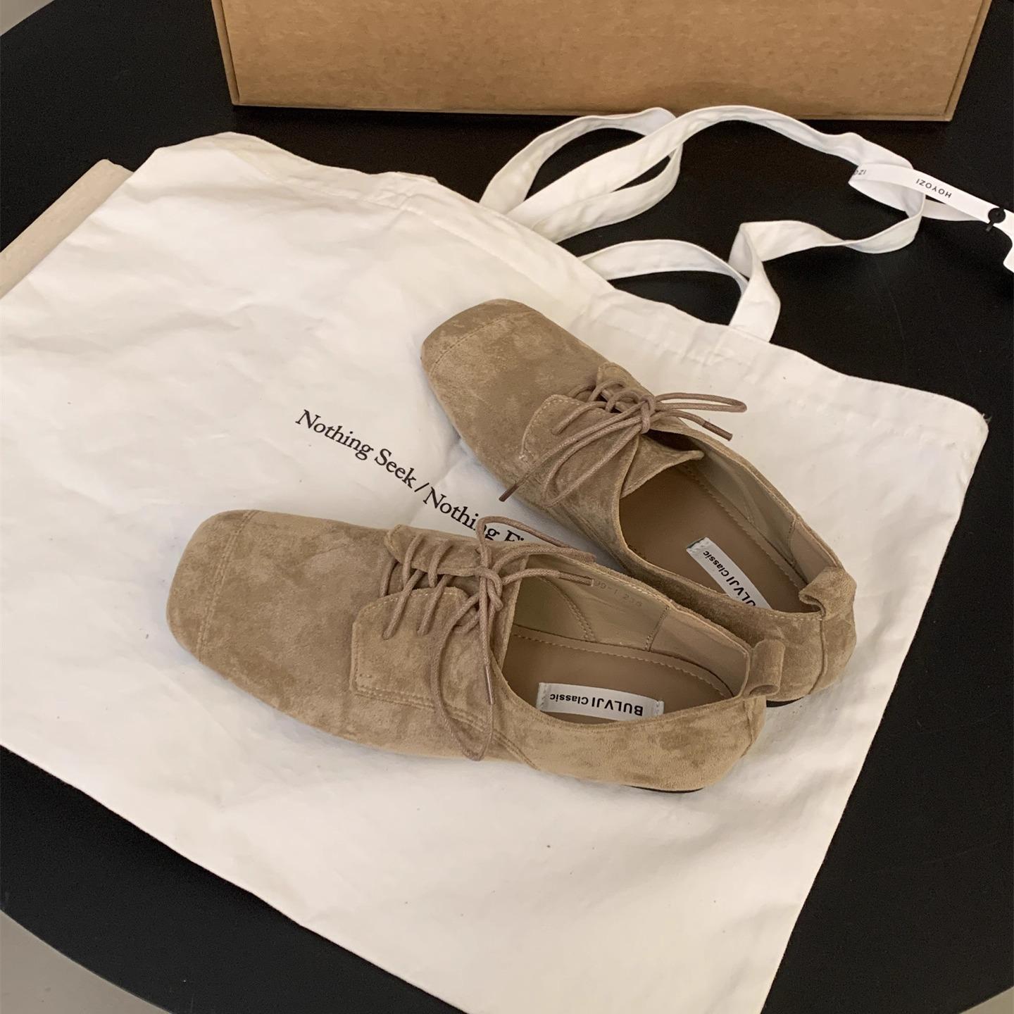 

British-style leather shoes retro soft flat single shoes women s 2025 autumn new French black lace-up square-toe loafers 40 бежевый