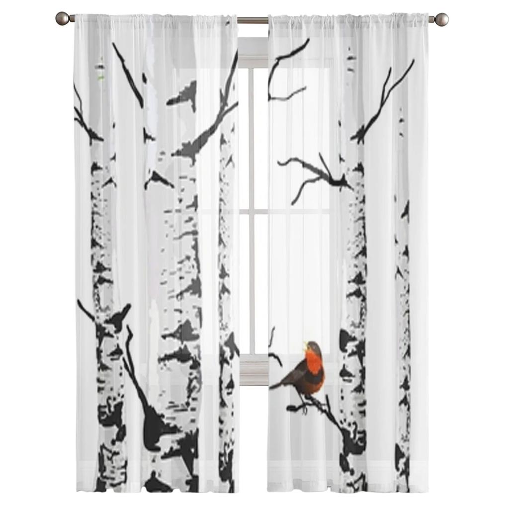 Durchsichtige Vorhänge mit Vogel-Birken-Motiv, für Schlafzimmer, Voile-Vorhang, Wohnzimmer, Fenster, durchsichtige Vorhänge, Küche, Tüll-Vorhänge