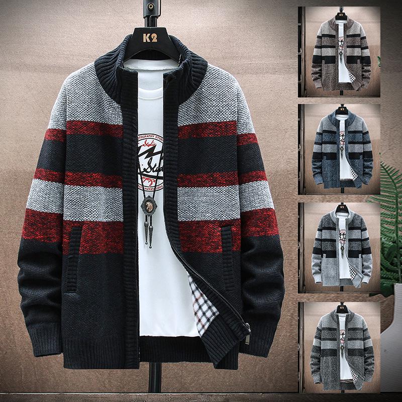 Herren Gestreifter Fleecegefütterter Stehkragen Cardigan - Herbst/Winter Freizeitstrickjacke