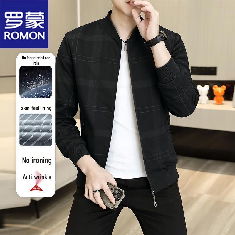 ROMON Men's Stand Collar Plaid Jacket