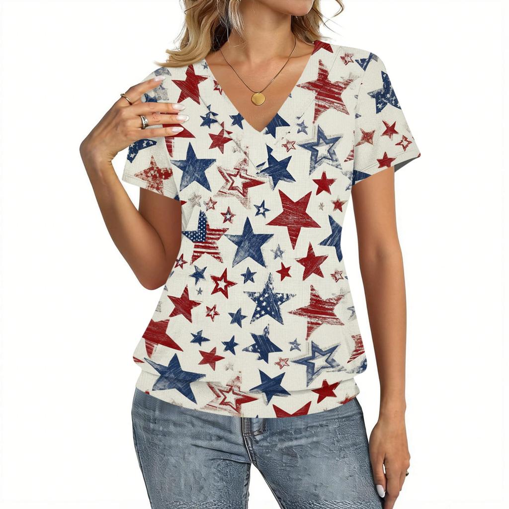 Women's Casual V Neck Short Sleeve Top Lightweight Printed T Shirt Relaxed Fit Soft Fabric Summer Tee for Everyday Wear