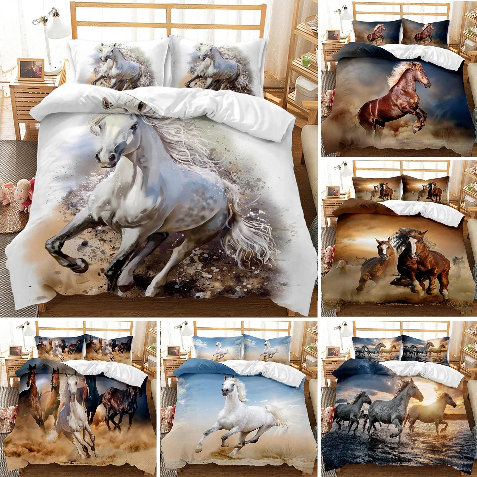 

White Horse Duvet Cover Set KingQueenFull Size Steed Print Decorative Comforter Cover Microfiber Quilt Cover Luxury Soft White EU Single 135x200cm