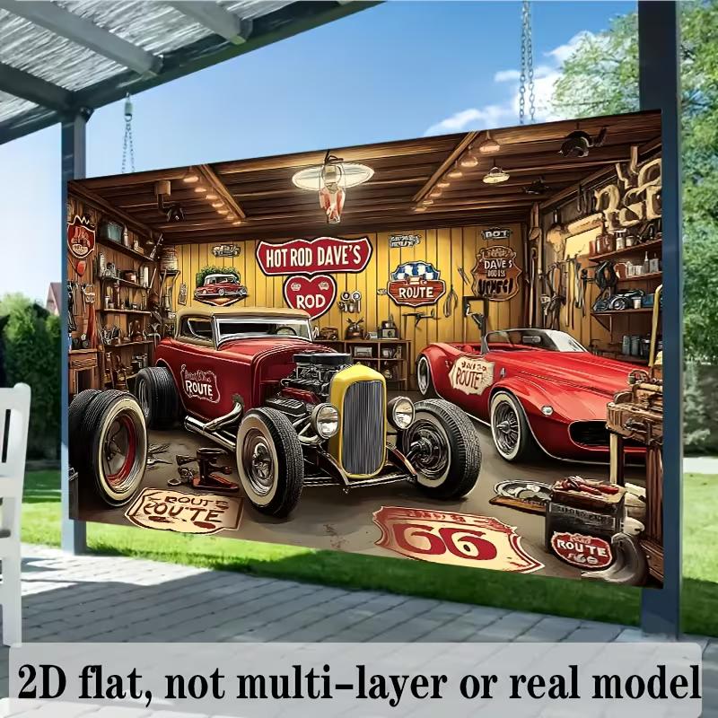 Toile de fond 2D pour garage Hot Rod pour hommes - Arrière-plan de photomaton sur le thème de la Route 66
